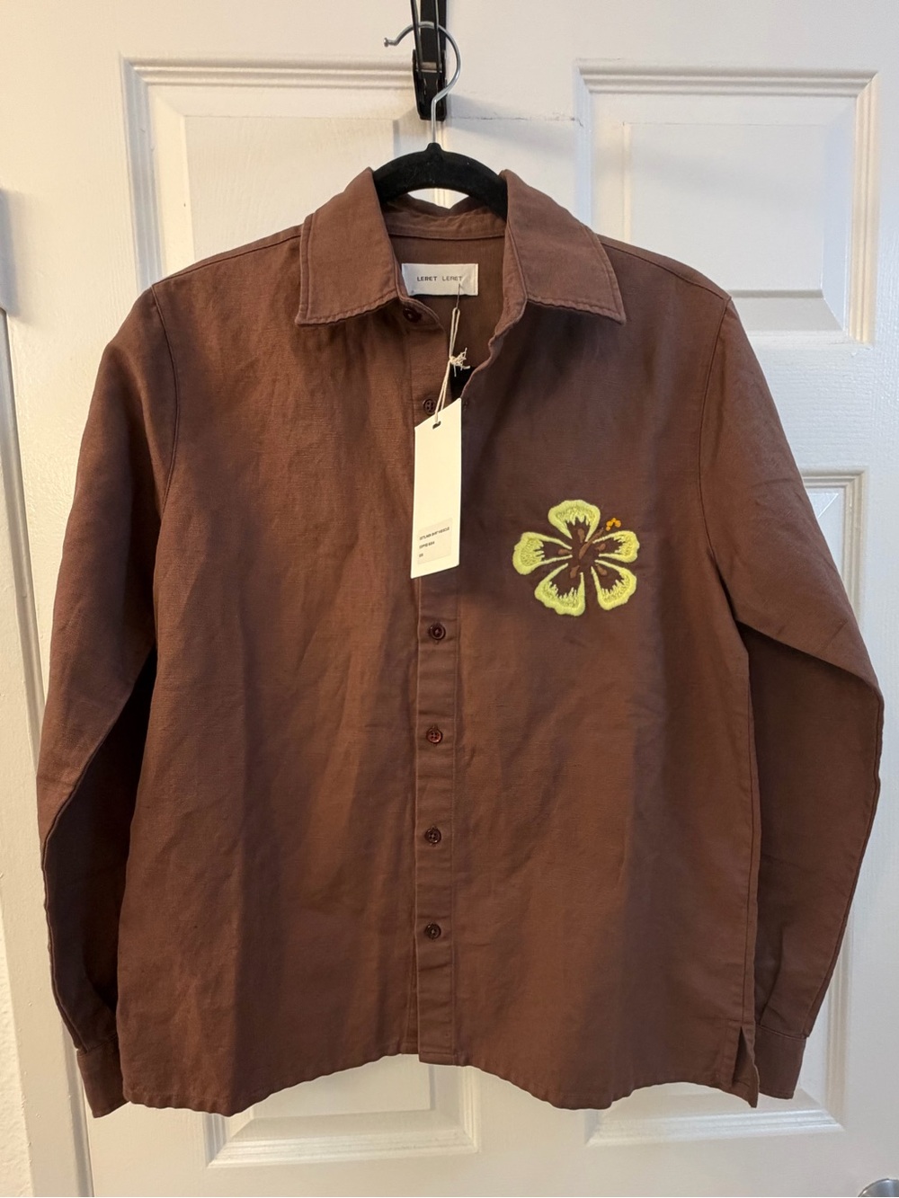 LERET LERET Coffee Bean Linen Cotton Hibiscus Shirt NWT sz XXS Oversized UNISEX